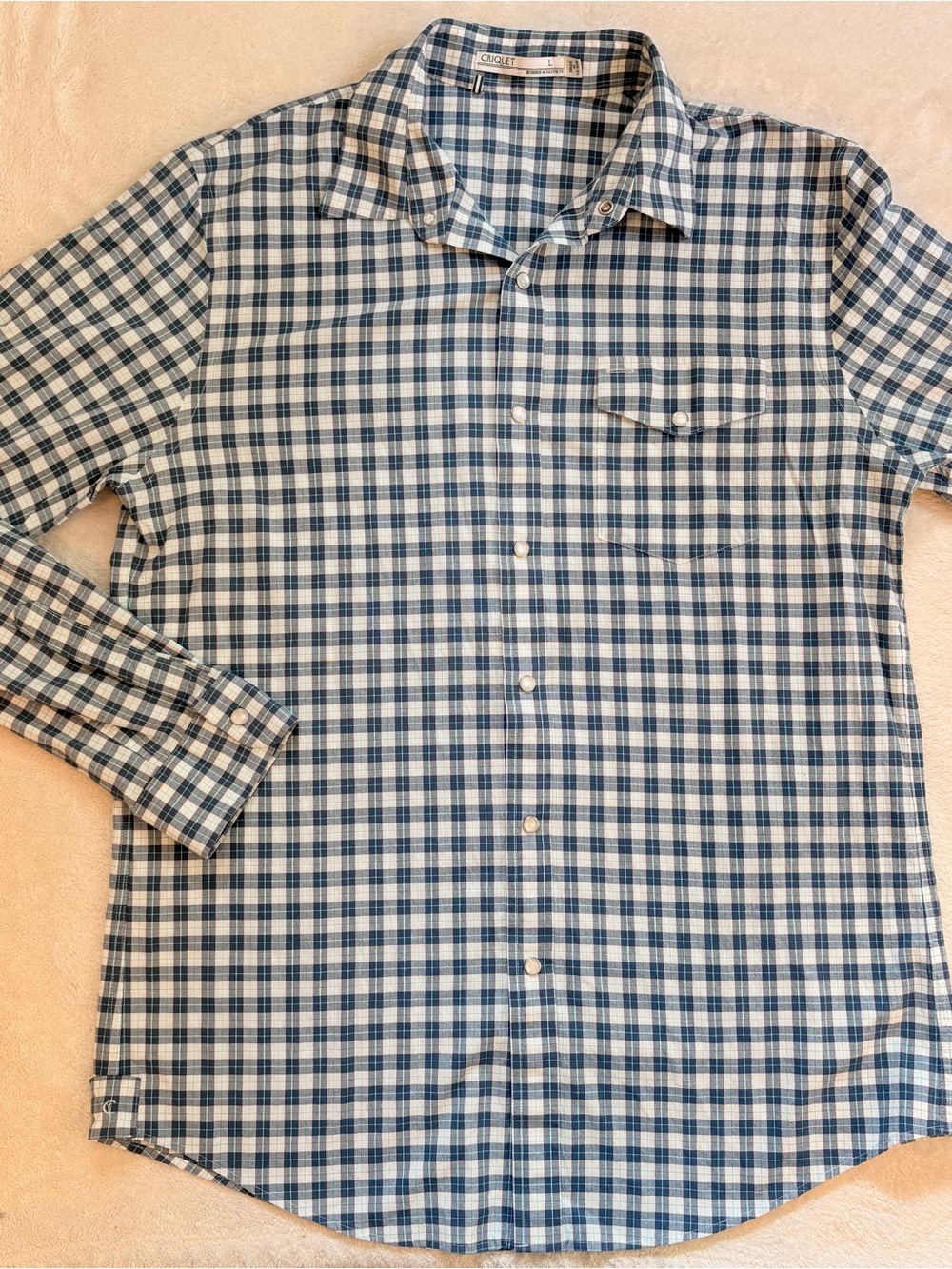 Criquet Performance Pearl Snap Blue White Green Plaid Long-Sleeve Shirt Sz L